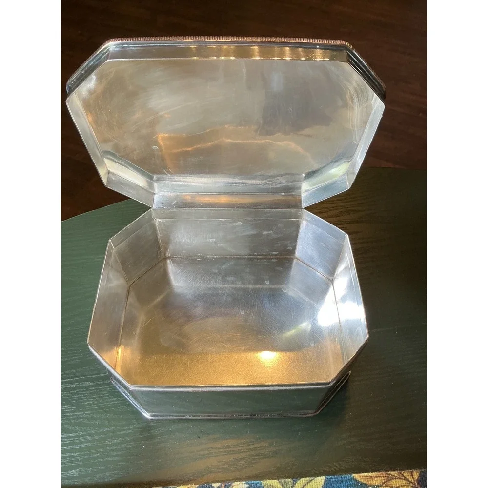 Vintage Silver Over Copper Octagonal Trinket Box Hinged Biscuit Jewelry Case